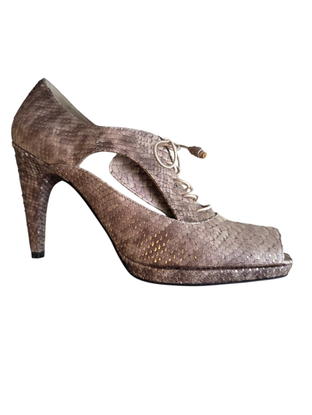 Stuart Weitzman Taupe Metallic Python Embossed Lace Up Peep Toe Heels Sz 9.5